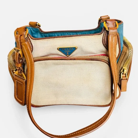 Prada Vintage Beige Mixed Material Multicolor Bag w/Leather Trim & Teal Interior - Picture 4 of 17